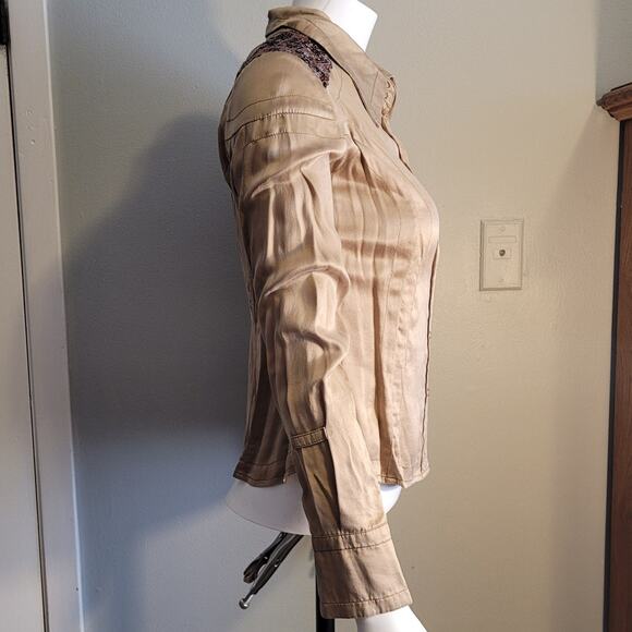 Vntg Da Nang 100% Silk Blouse Sz XS Bronze Sequin Cuff Y2K Boho Resort Wear Top - Picture 11 of 15